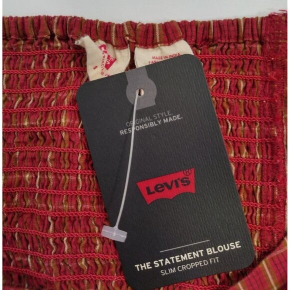 Levi's red plaid blouse, slim fit, long puffed sleeves, Size S, NWT - Picture 3 of 11